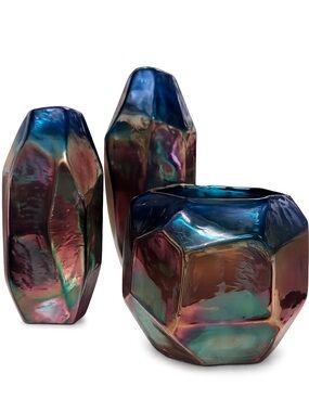 Iridescent Blue-Green Geometric Glass Vase Collection
